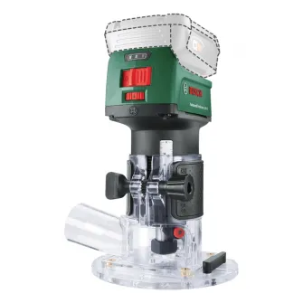 Masina de frezat pe acumulator Bosch AdvancedTrimRouter 06039D5000, 18 V, 30.000 RPM, 38 mm cursa maxima, 6/8 mm bucsa elastica, limitator paralel, adaptor aspirare, freza de rotunjit, cheie fixa, fara acumulator/incarcator