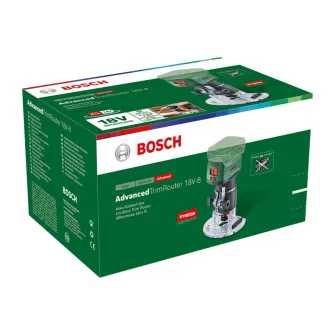 Masina de frezat pe acumulator Bosch AdvancedTrimRouter 06039D5000, 18 V, 30.000 RPM, 38 mm cursa maxima, 6/8 mm bucsa elastica, limitator paralel, adaptor aspirare, freza de rotunjit, cheie fixa, fara acumulator/incarcator