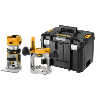 Masina de frezat (router) pe acumulator DeWALT DCW604NT, 18V XR, motor fara perii, turatie variabila 16000 - 25500 RPM, iluminare LED, sistem de control precis, soft start, sistem conectare aspirator, cutie transport TSTAK, fara incarcator/acumulator