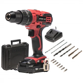 Masina de gaurit si insurubat (bormasina) cu percutie, cu acumulator 18V 2.0Ah Li-Ion Steinhaus, PRO-CD18M, 50Nm, 2 trepte 400/1600 RPM, mandrina metalica 13mm, 13 accesorii, cutie plastic
