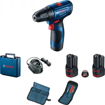 Masina de gaurit si insurubat (bormasina) pe acumulator Bosch Professional 06019G8002, 12 V, 14/30 Nm, 1500 RPM, 2 acumulatori, incarcator, valiza profesionala, set 23 burghie si biti cu suport