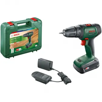 Masina de gaurit si insurubat (bormasina) pe acumulator Bosch UniversalDrill 06039D4001, 18 V, 1.5 Ah, 1450 RPM, 23/32 Nm, 30 mm diametru maxim gaurire, acumulator, incarcator, cap surubelnita dublu, valiza profesionala
