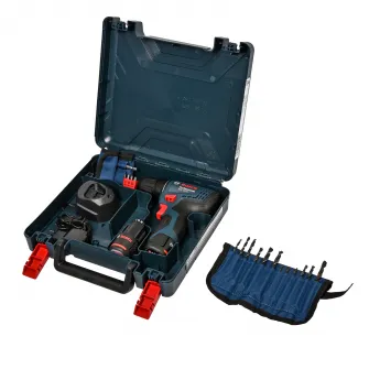 Masina de gaurit si insurubat (bormasina) pe acumulator Bosch Professional 06019G8002, 12 V, 14/30 Nm, 1500 RPM, 2 acumulatori, incarcator, valiza profesionala, set 23 burghie si biti cu suport