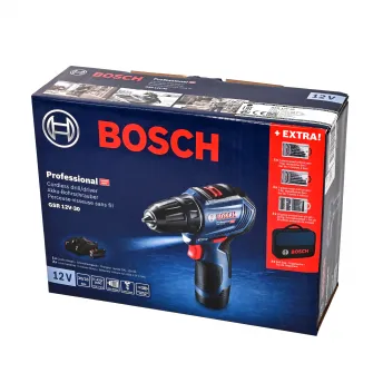 Masina de gaurit si insurubat (bormasina) pe acumulator Bosch Professional 06019G9001, 12 V, 18/30 V, 1600 RPM, 2 acumulatori, incarcator, valiza profesionala, set 25 biti, set 7 burghie lemn, set 7 burghie metal