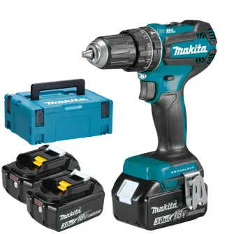Masina de gaurit si insurubat (bormasina) pe acumulator cu percutie Makita DHP485RF3J, 18 V, 50 Nm, 1900 RPM, 28.500 percutii/min, 3 acumulatori, incarcator, valiza