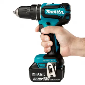 Masina de gaurit si insurubat (bormasina) pe acumulator cu percutie Makita DHP485RF3J, 18 V, 50 Nm, 1900 RPM, 28.500 percutii/min, 3 acumulatori, incarcator, valiza
