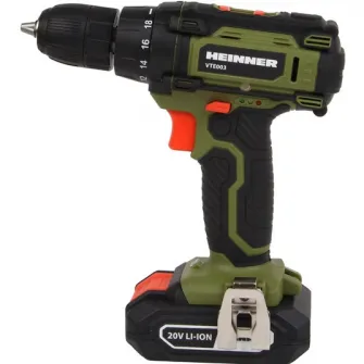 Masina de gaurit si insurubat (bormasina) pe acumulator Heinner VTE003, 20 V, 1500 RPM, 30 Nm, 18+1 trepte tensiune, acumulator, incarcator