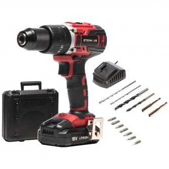 Masina de gaurit si insurubat brushless (bormasina) cu percutie, cu acumulator 18V 2.0Ah Li-Ion Steinhaus, PRO-CD18MX, 58Nm, 2 trepte 400/1800 RPM, mandrina metalica 13mm, 13 accesorii, cutie plastic