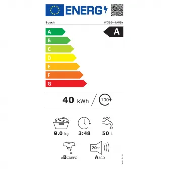 Masina de spalat, Bosch, WGB244A0BY, Cu incarcare frontala, Seria 8, Clasa energetica A, 1400 rpm, Capacitate 9 kg, Home Connect, i-DOS, AquaStop, Alb