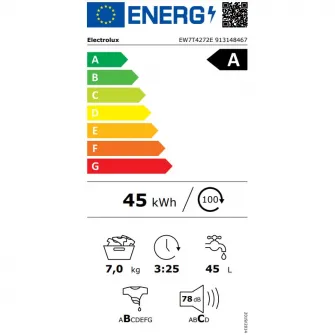 Masina de spalat rufe cu incarcare verticala Electrolux Ecoline EW7T4272E, 7 kg, 1200 RPM, Clasa A, Sistem SteamCare+SensiCare, SoftOpening, TimeManager, Rapid 14 min, Motor Inverter, AquaControl, Alb