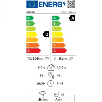 Masina de spalat rufe cu uscator Heinner HWDM-H10614A, Spalare 10 kg, Uscare 6 kg, 1400 rpm, Clasa A, Motor Inverter, Display LED, Alb