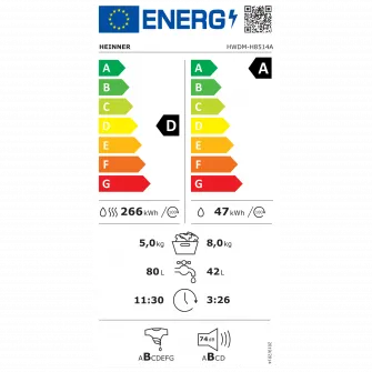 Masina de spalat rufe cu uscator Heinner HWDM-H8514A, Spalare 8 kg, Uscare 5 kg, 1400 RPM, Clasa A, Motor inverter Display LED, Blocare acces copii, Alb