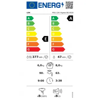 Masina de spalat rufe cu uscator LDK Higeea 8614DIA, 8 Kg spalare, 6 kg uscare, Clasa E, Prespalare, Calcare usoara, Anti-Alergic, Selectare timp uscare, Selectare nivel temperatura, Amanare pornire, Motor inverter, Alb