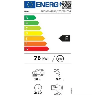 Masina de spalat vase Beko BDFS26020XQ, 10 seturi, 6 programe, Clasa E, Motor ProSmart Inverter, Hygiene Intense, Fast+, 45 cm, Inox