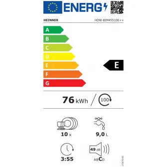 Masina de spalat vase incorporabila Heinner HDW-BIM45510E++, 10 seturi, 5 programe, Control mecanic,Aquastop, Clasa E, 45 cm