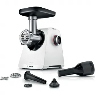 Masina de tocat Bosch MFWS607W, 2100W, 3.5kg/ min, 2 site, palnie carnati, accesoriu pt kebbe, cutit cu 2 taisuri, Alb