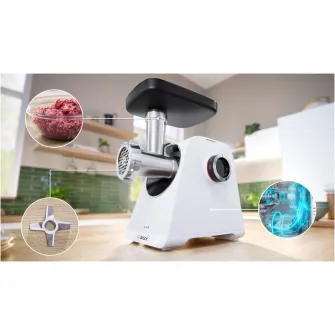 Masina de tocat Bosch MFWS607W, 2100W, 3.5kg/ min, 2 site, palnie carnati, accesoriu pt kebbe, cutit cu 2 taisuri, Alb