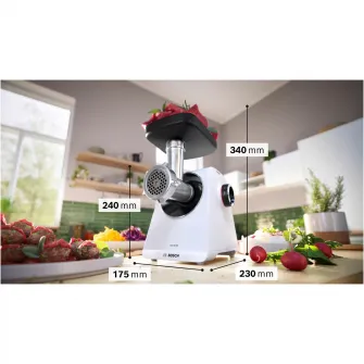 Masina de tocat Bosch MFWS607W, 2100W, 3.5kg/ min, 2 site, palnie carnati, accesoriu pt kebbe, cutit cu 2 taisuri, Alb