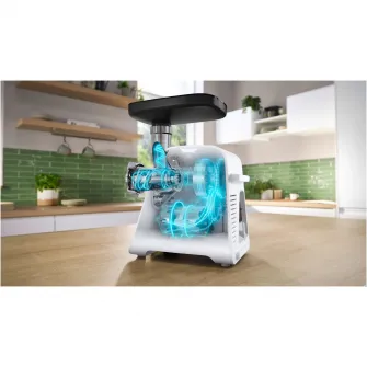 Masina de tocat Bosch MFWS607W, 2100W, 3.5kg/ min, 2 site, palnie carnati, accesoriu pt kebbe, cutit cu 2 taisuri, Alb