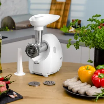 Masina de tocat carne Zelmer ZMM4080, putere maxima 1900 W, capacitate 2,5 kg, 3 site ( 2,7 mm, 4 mm ,8 mm ) cutit 2 fatete, accesoriu carnati, alb