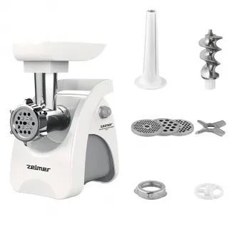 Masina de tocat carne Zelmer ZMM9801B, 2200 W, pana la 3 kg / min, accesoriu carnati si 3 razatoare, cutite cu 2 fete, functie Reverse, alb