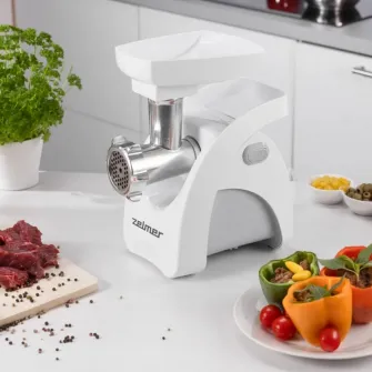 Masina de tocat carne Zelmer ZMM9801B, 2200 W, pana la 3 kg / min, accesoriu carnati si 3 razatoare, cutite cu 2 fete, functie Reverse, alb