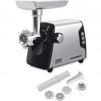 Masina de tocat Heinner HMG-Y2000SS, 2000W, angrenaj metalic si carcasa din aluminiu, capacitate tocare de 3kg/min, cutit inox, 3 site metalice, buton switch cu 2 viteze, functie reverse, carcasa inox, negru/argintiu