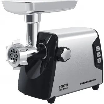 Masina de tocat Heinner HMG-Y2000SS, 2000W, angrenaj metalic si carcasa din aluminiu, capacitate tocare de 3kg/min, cutit inox, 3 site metalice, buton switch cu 2 viteze, functie reverse, carcasa inox, negru/argintiu
