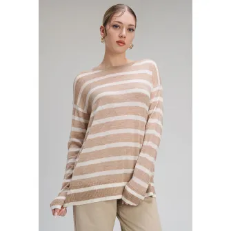 Max&Co, Pulover din amestec de lana cu model in dungi Plata, Alb, Maro taupe, S