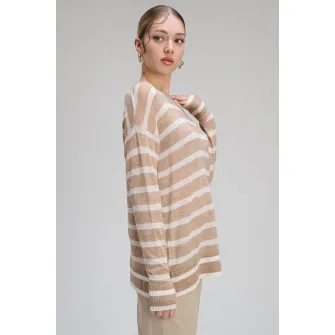 Max&Co, Pulover din amestec de lana cu model in dungi Plata, Alb, Maro taupe, S