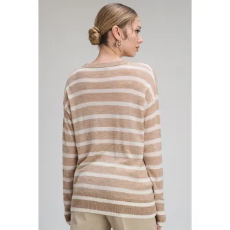 Max&Co, Pulover din amestec de lana cu model in dungi Plata, Alb, Maro taupe, S