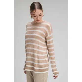 Max&Co, Pulover din amestec de lana cu model in dungi Plata, Alb, Maro taupe, S