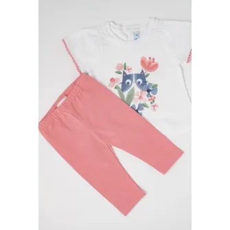 Mayoral, Set de tricou si pantaloni din bumbac - 2 piese, Albastru inchis, Alb optic, Roz prafuit, 68 CM