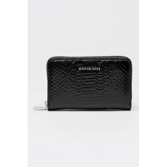 Michael Kors, Portmoneu de piele lacuita cu fermoar si model piele de reptila Bryant, Negru