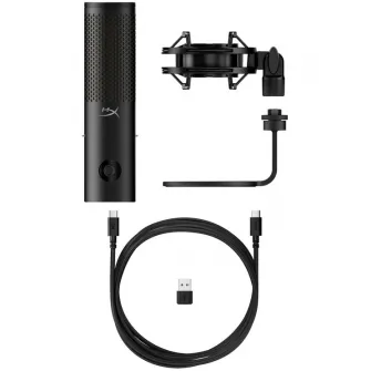 Microfon gaming HyperX QuadCast 2 S pentru Streamers/Content Creators, cardioid, USB-C, 32-bit bit depth, 192kHz sampling rate, 100+ LED-uri aRGB, PC Win11, Mac, Steam Deck, negru