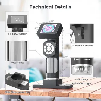 Microscop portabil, Hesasa®, digital, Microbiologic, zoom maxim 500x, ecran LCD 2'', Inregistrare fotografii si videoclipuri HD 1080p/AD112, microSD 32Gb
