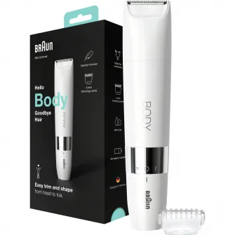Mini aparat de tuns corporal Braun BS1000 WetDry, cu pieptene de tuns, pe baterii, Alb