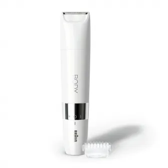 Mini aparat de tuns corporal Braun BS1000 WetDry, cu pieptene de tuns, pe baterii, Alb