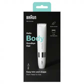 Mini aparat de tuns corporal Braun BS1000 WetDry, cu pieptene de tuns, pe baterii, Alb