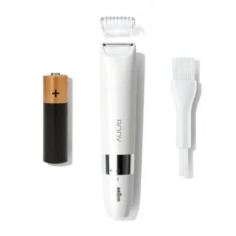 Mini aparat de tuns corporal Braun BS1000 WetDry, cu pieptene de tuns, pe baterii, Alb