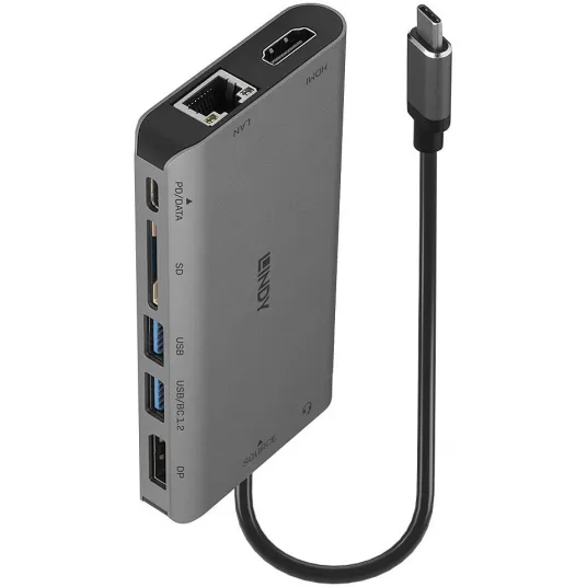 Mini Docking Station Lindy USB 3.2 Type C - 4K HDMI DP, PD 3.0 100W, USB 3.2, Gigabit Ethernet, SD, Audio