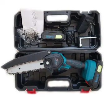 Mini fierastrau electric / mini drujba cu lant pe acumulator Rovo RV-MF, 24 V 2.0 Ah, putere baterie 300 W, lungime lama 6 inch, 2 lanturi, taiere maxim 180 mm, contine: incarcator + 2 acumulatori