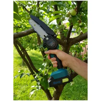Mini fierastrau electric / mini drujba cu lant pe acumulator Rovo RV-MF, 24 V 2.0 Ah, putere baterie 300 W, lungime lama 6 inch, 2 lanturi, taiere maxim 180 mm, contine: incarcator + 2 acumulatori