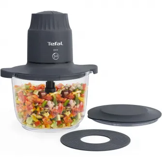 Mini tocator electric Tefal Choppeo MB603138, 500W, capacitate 2 L, 4 lame din otel inoxidabil, 2 viteze, bol din sticla, gri
