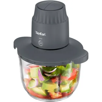 Mini tocator electric Tefal Choppeo MB603138, 500W, capacitate 2 L, 4 lame din otel inoxidabil, 2 viteze, bol din sticla, gri