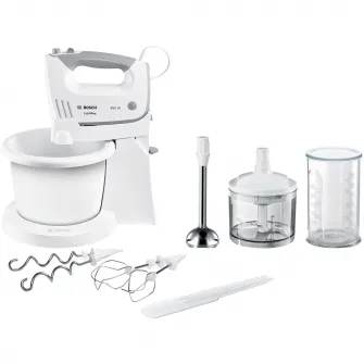 Mixer cu bol Bosch Ergomixx MFQ36490, 450 W, 5 trepte de viteza+turbo, 2 spirale, 2 teluri, minitocator, vas gradat, picior blender, alb/ gri