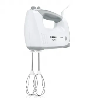Mixer cu bol Bosch Ergomixx MFQ36490, 450 W, 5 trepte de viteza+turbo, 2 spirale, 2 teluri, minitocator, vas gradat, picior blender, alb/ gri