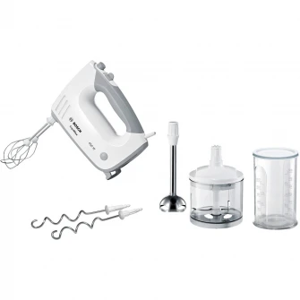 Mixer de mana Bosch MFQ36480, 450 W, 5 viteze + Turbo, Picior pasator inox, tocator, vas gradat, Alb/Gri