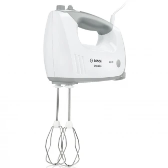 Mixer de mana Bosch MFQ36480, 450 W, 5 viteze + Turbo, Picior pasator inox, tocator, vas gradat, Alb/Gri