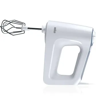 Mixer de mana Braun HM3105WH, 500 W, 5 viteze + Turbo, Pahar gradat 0.6L, Picior pasator plastic, 2 palete, 2 carlige, Alb/Gri